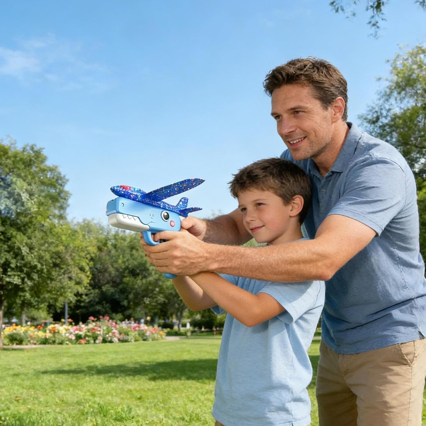 LED Foam Airplane Launcher Toy with Shark-Style Hand Launcher