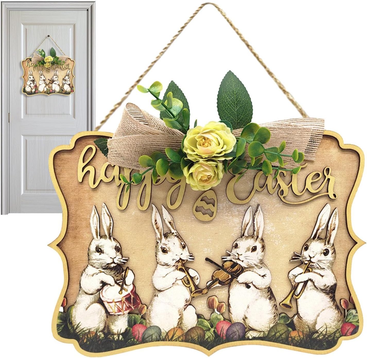 Happy Easter Wooden Hanging Sign – Bunny Door Decor with Floral Ribbon (30×21.5cm)