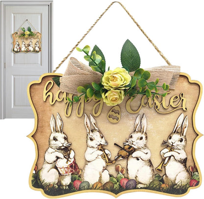 Happy Easter Wooden Hanging Sign – Bunny Door Decor with Floral Ribbon (30×21.5cm)
