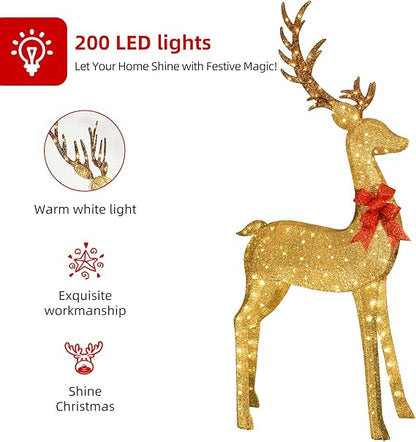 Majestic Gold Glitter Reindeer Figurine with 200 LED Lights