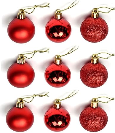 Pack of 24 Red Christmas Tree Ornaments – Gloss, Matte & Glitter Finish