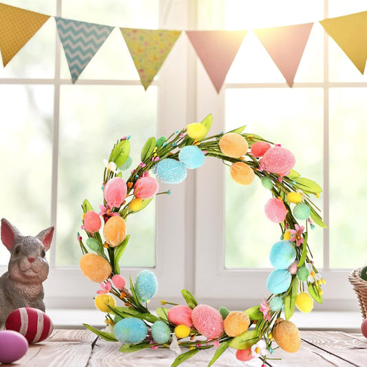 Easter Egg Wreath 40cm – Pastel Spring Door Decoration with Colorful Eggs & Floral Leaves for Home Decor