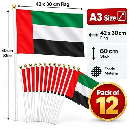 UAE Hand Flags A3 – Pack of 12 with Sticks | National Day & Events