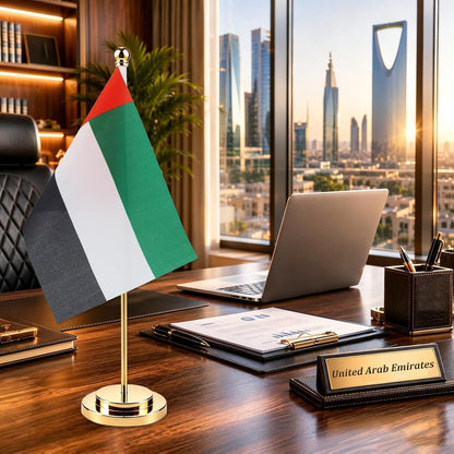 UAE Table Flag A4 with Gold Stand – National Day & Office Decor