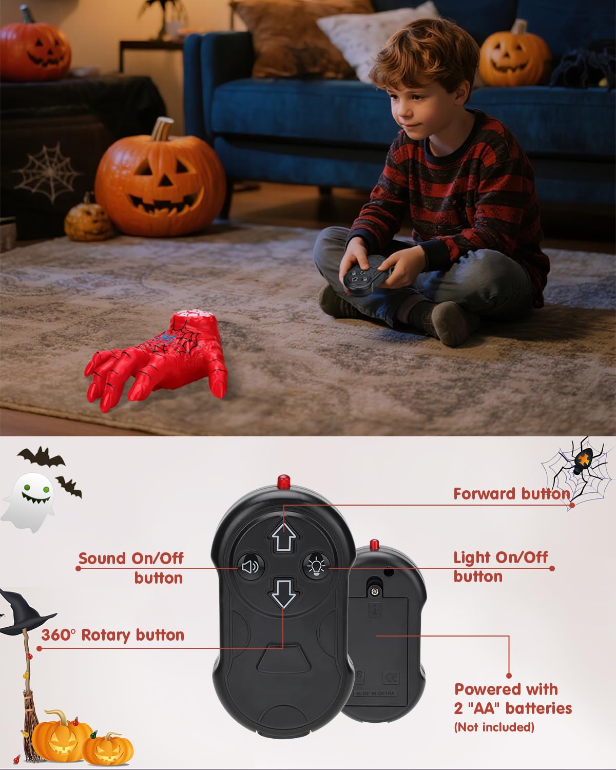 Remote Control Crawling Spider Hand Toy – Halloween Prank Hand with Lights & Sounds