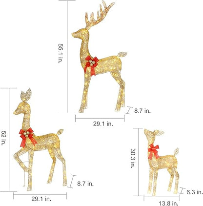Set of 3 Lighted Glittering Gold Reindeer Outdoor Christmas Decor