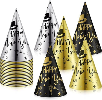 Happy New Year Cone Party Hats – Gold, Black, Silver (3 PCS)