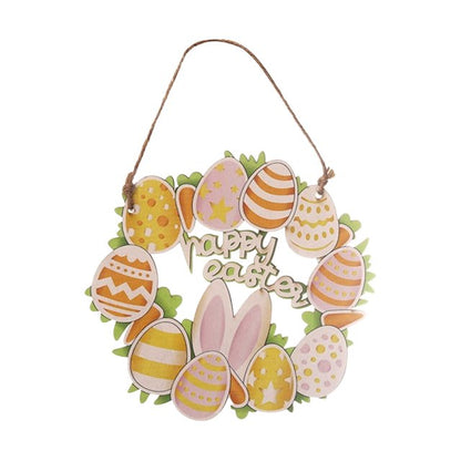 Happy Easter Bunny Wreath Hanging Decor – Wooden Egg Door Sign 15cm