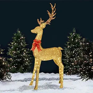 Majestic Gold Glitter Reindeer Figurine with 200 LED Lights