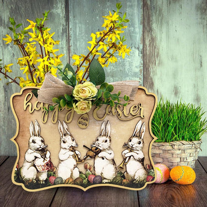 Happy Easter Wooden Hanging Sign – Bunny Door Decor with Floral Ribbon (30×21.5cm)