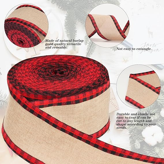 Red Black Plaid Burlap Ribbon Rustic Decor 6 Meter