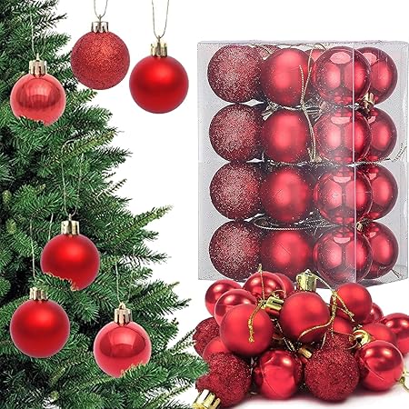 Pack of 24 Red Christmas Tree Ornaments – Gloss, Matte & Glitter Finish