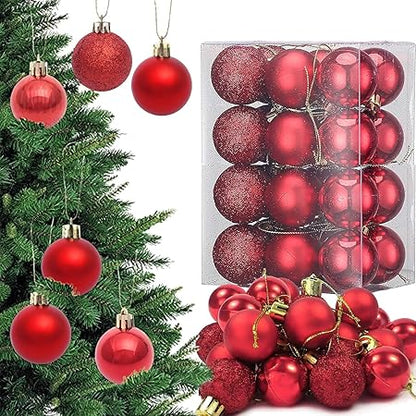Pack of 24 Red Christmas Tree Ornaments – Gloss, Matte & Glitter Finish