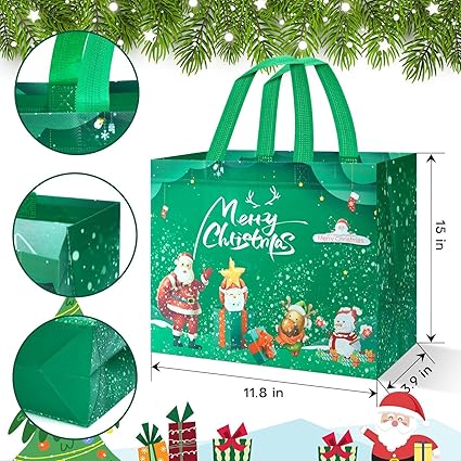 Green Non-Woven Reusable Christmas Gift Tote Bag 6 Pcs