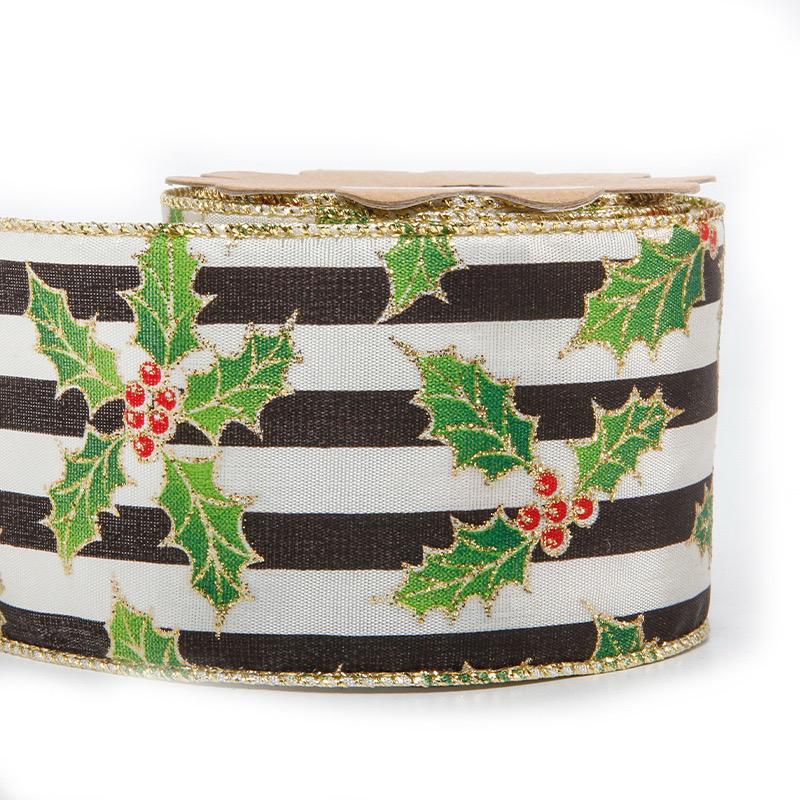 Black & White Striped “Holly Berry” Christmas Ribbon 22 Meters