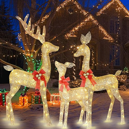 Set of 3 Lighted Glittering Gold Reindeer Outdoor Christmas Decor