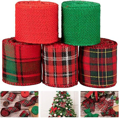 Christmas Burlap Ribbon Set – 5 Rolls