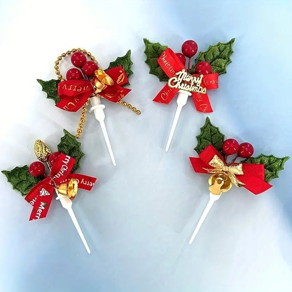 Christmas Holly Leaf Cupcake Topper with Ribbon & Bells-10 Pcs