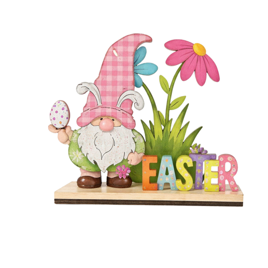 Easter Wooden Table Decoration – Bunny Gnome “EASTER” Sign (15x15 cm)