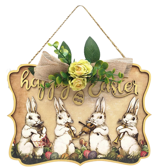 Happy Easter Wooden Hanging Sign – Bunny Door Decor with Floral Ribbon (30×21.5cm)