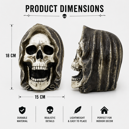 Grim Reaper Skull Decoration – 18cm Hooded Halloween Tabletop Decor