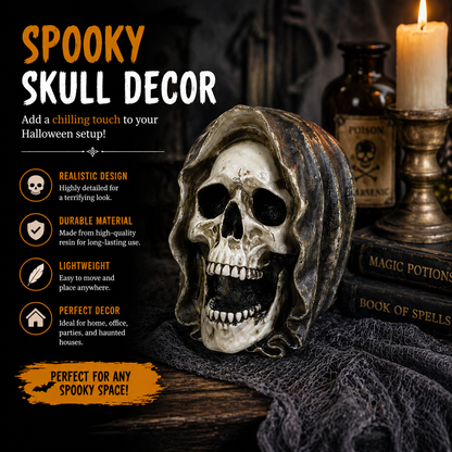 Grim Reaper Skull Decoration – 18cm Hooded Halloween Tabletop Decor