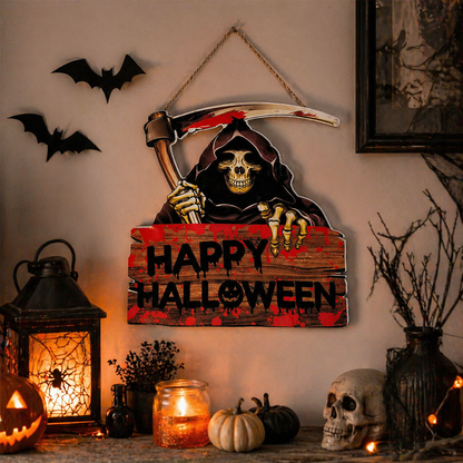 LED Grim Reaper Happy Halloween Hanging Sign Decor