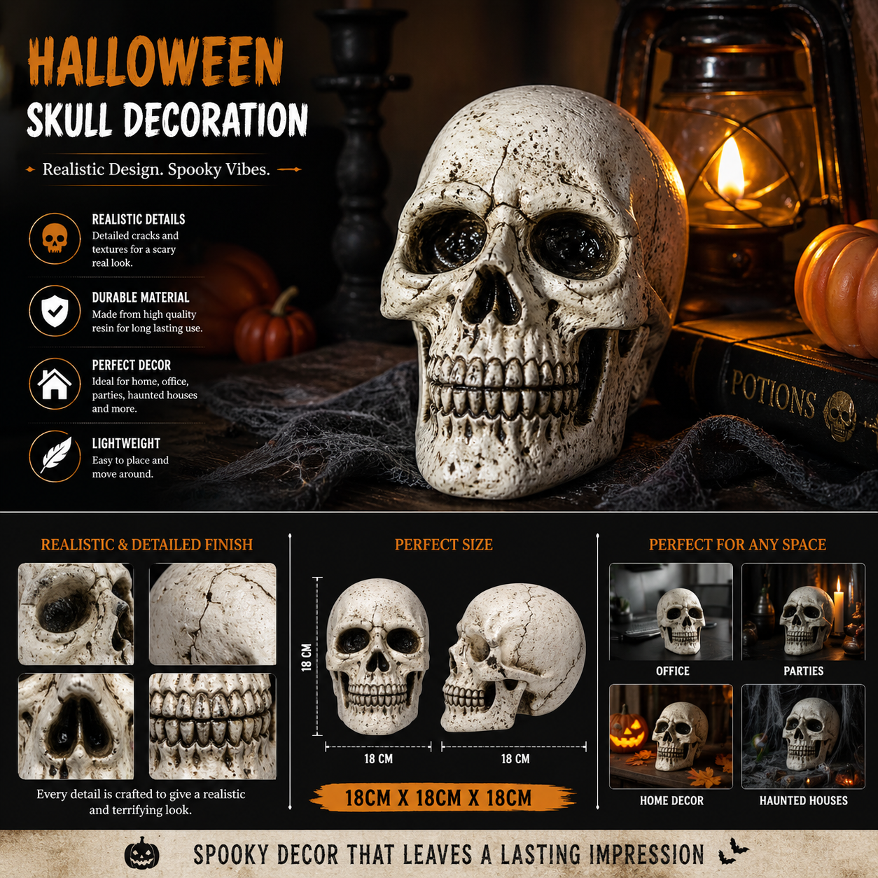 Realistic Halloween Skull Decoration – 18cm Gothic Tabletop Decor