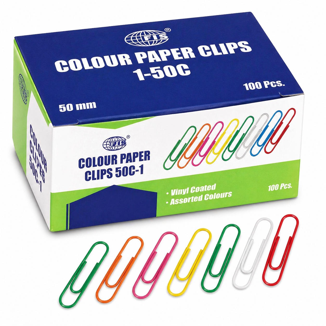 FIS Colour Paper Clips 50mm 100 Pieces Assorted Colors Box