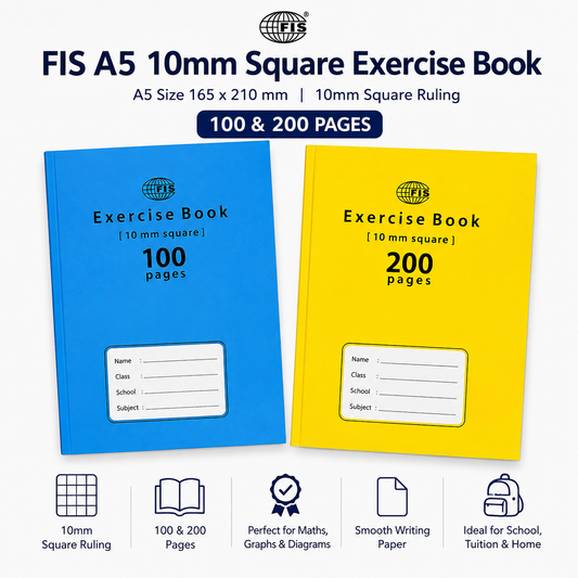 FIS A5 10mm Square Exercise Book – 165 × 210 mm, 100 & 200 Pages