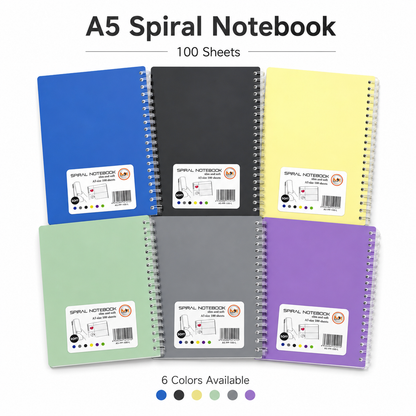 A5 Spiral Notebook – Slim & Soft Cover, 100 Sheets, Assorted Colors