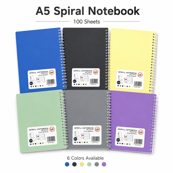 A5 Spiral Notebook – Slim & Soft Cover, 100 Sheets, Assorted Colors