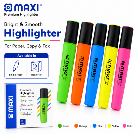 MAXI Premium Highlighter – Fluorescent Chisel Tip, 2–5 mm, 5 Colors, Single or Box of 10