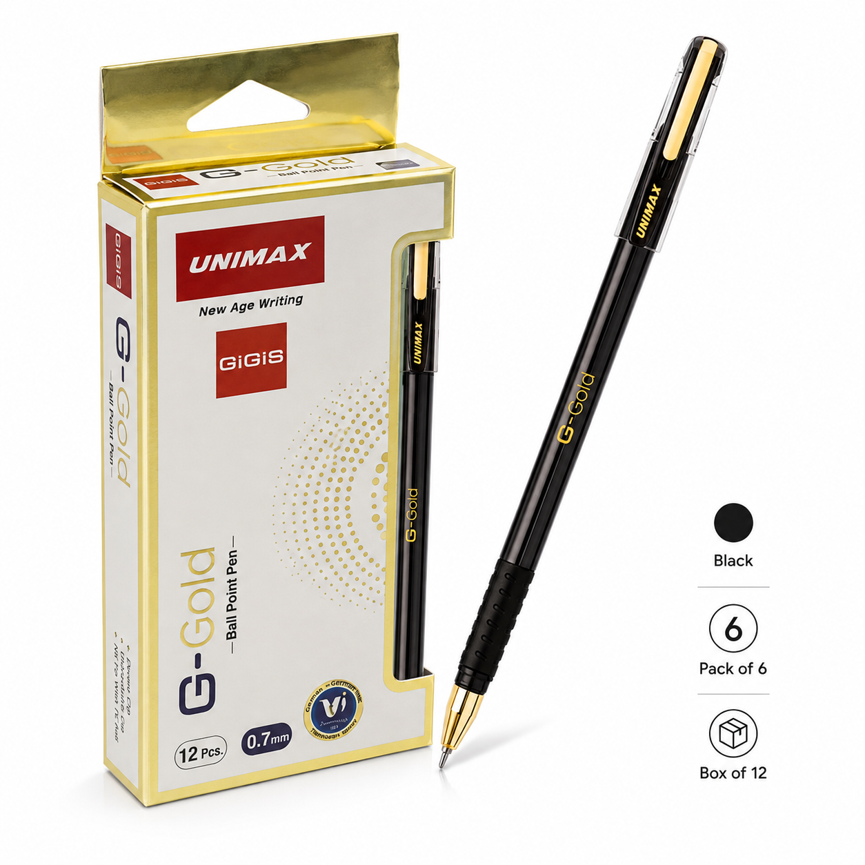 Unimax G-Gold Ball Point Pen 0.7 mm – Black & Blue, Single Piece or Box of 12
