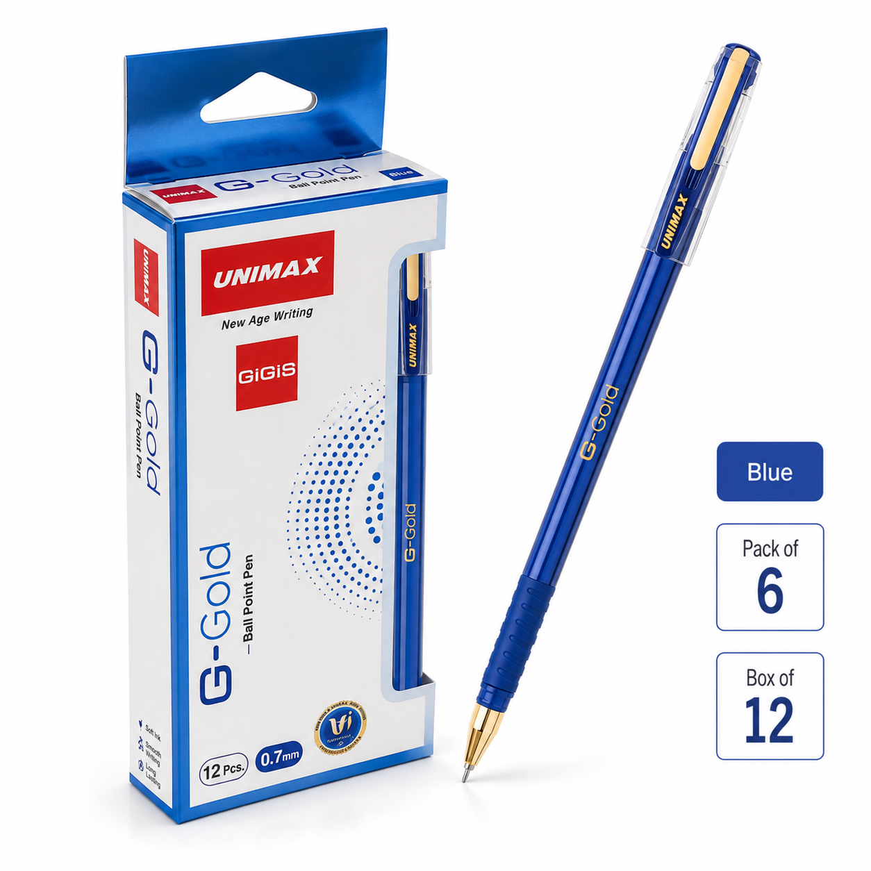 Unimax G-Gold Ball Point Pen 0.7 mm – Black & Blue, Single Piece or Box of 12