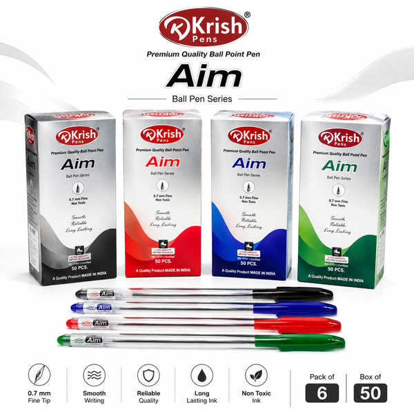 Krish Aim Ball Point Pen – 0.7 mm Fine Tip, Blue Black Red Green, Pack of 6 or Box of 50