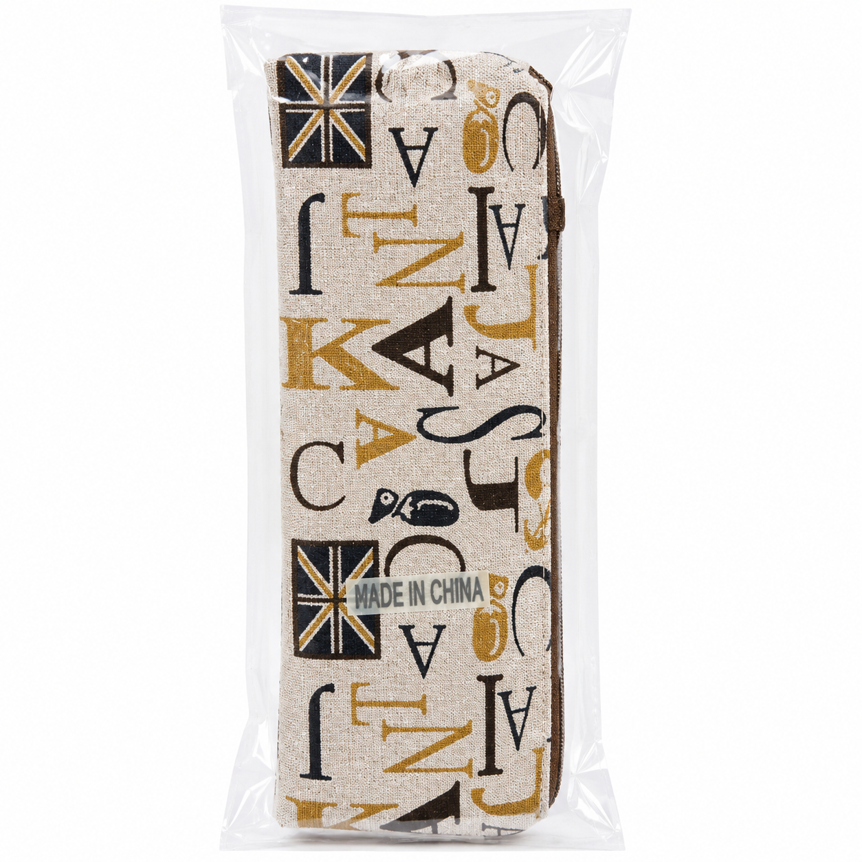 Vintage Alphabet Print Pencil Case – Beige Zipper Stationery Pouch