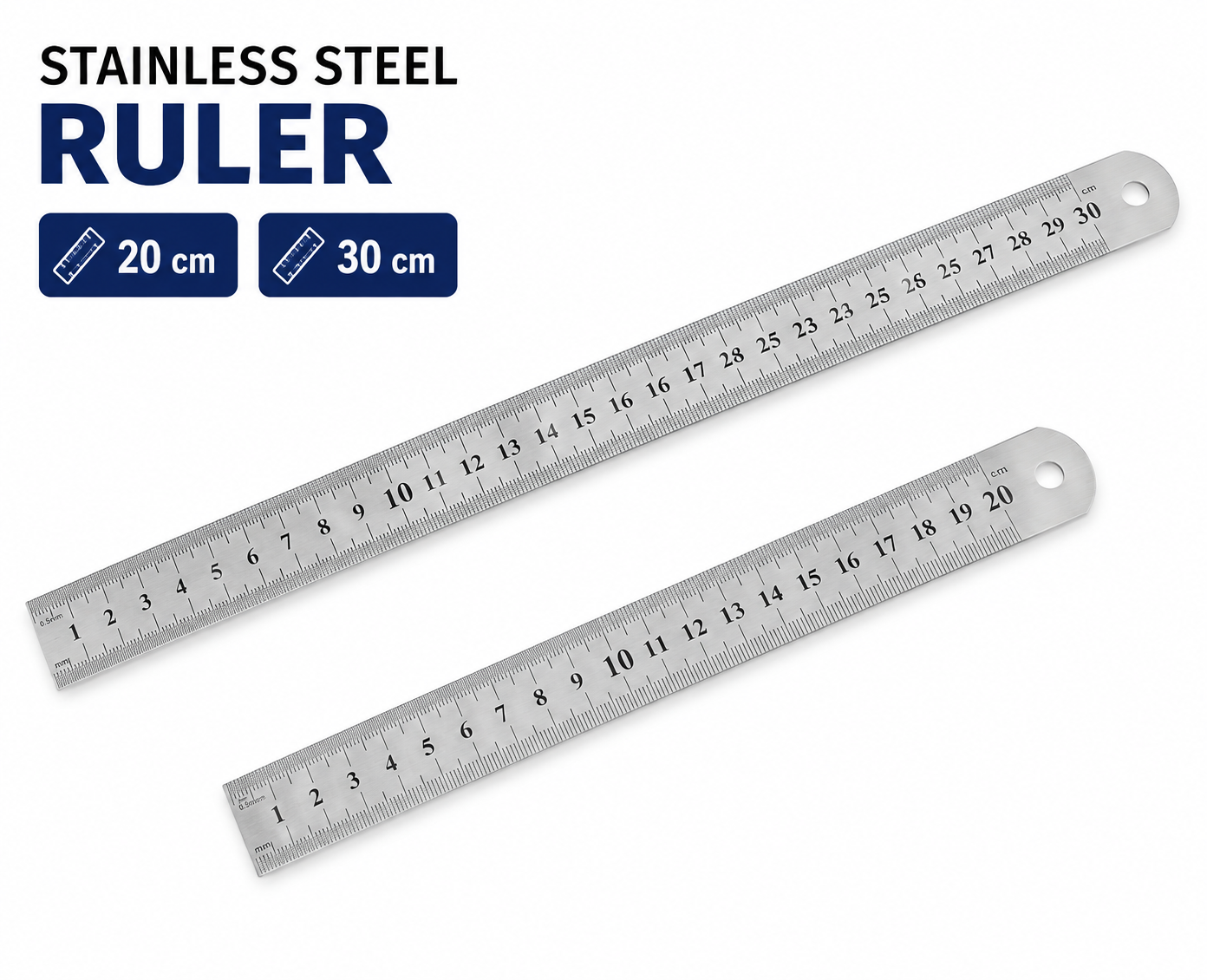 Stainless Steel Ruler – 20 cm & 30 cm Measuring Scale, Metric Markings