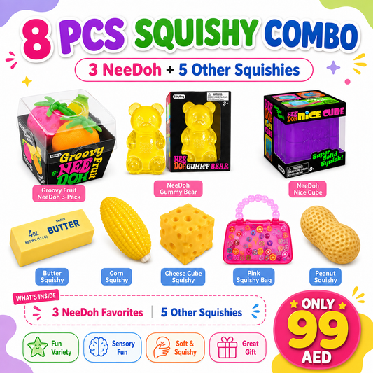8-Piece Squishy Combo Set – 3 NeeDoh + 5 Squishy Toys, Assorted Colors