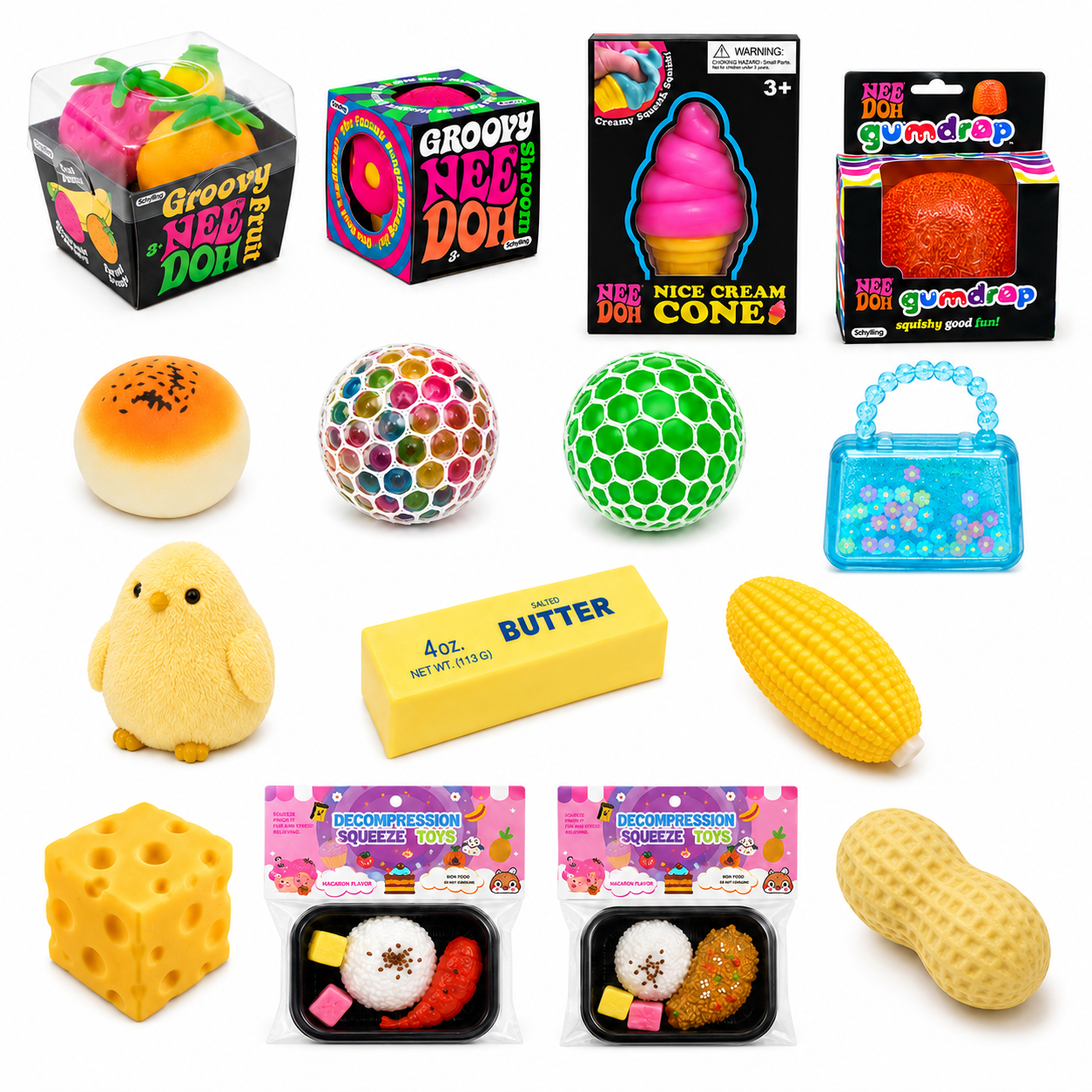 15-Piece Squishy Combo Set – 4 NeeDoh + 11 Squishy Toys, Assorted Colors