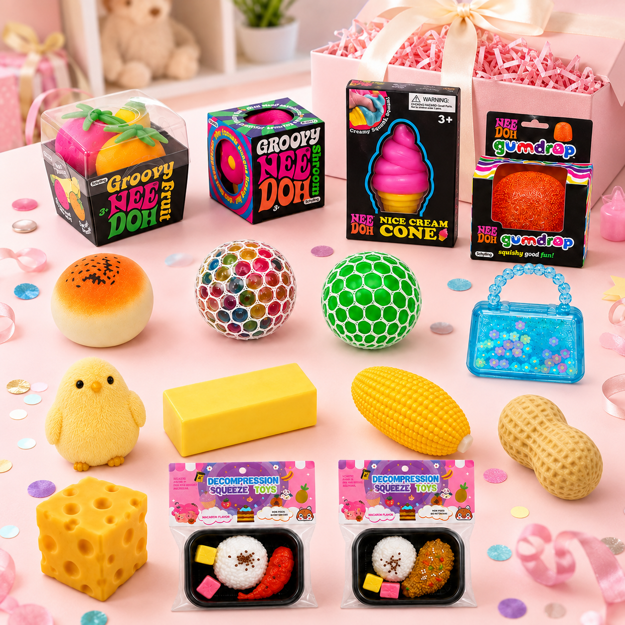 15-Piece Squishy Combo Set – 4 NeeDoh + 11 Squishy Toys, Assorted Colors