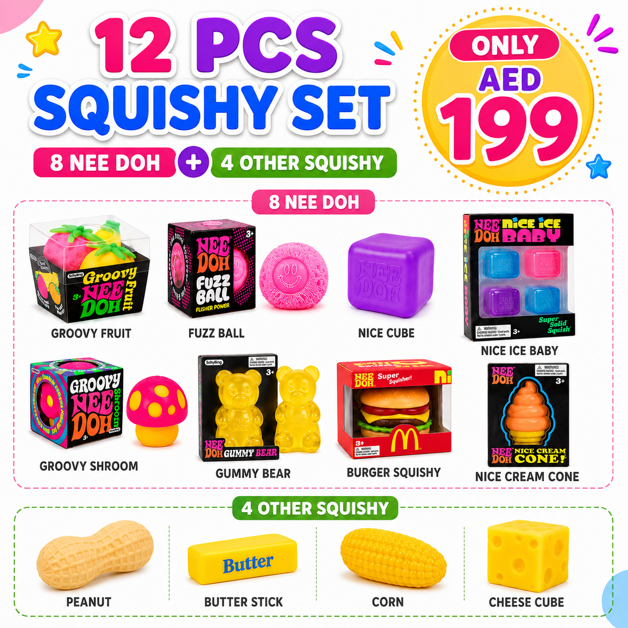 12-Piece Premium Squishy Combo Set – 8 NeeDoh + 4 Squishy Toys, Assorted Colors