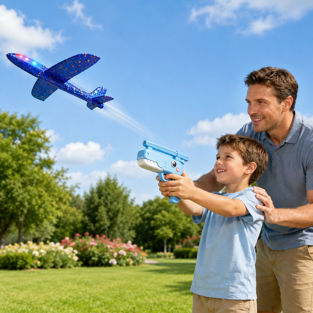 LED Foam Airplane Launcher Toy with Shark-Style Hand Launcher