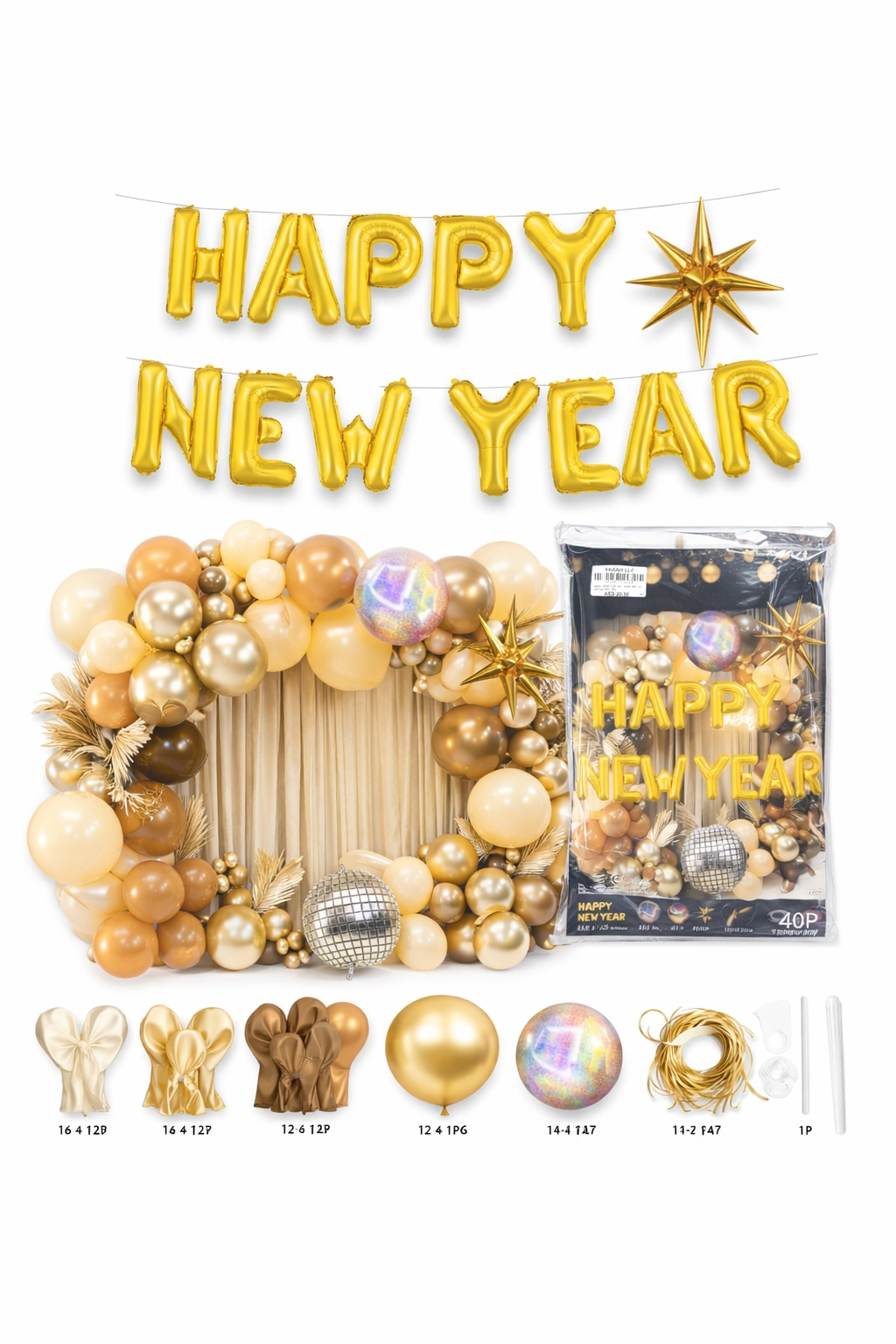 Happy New Year Balloon Decoration Kit Gold White – 40 Pieces Party Set