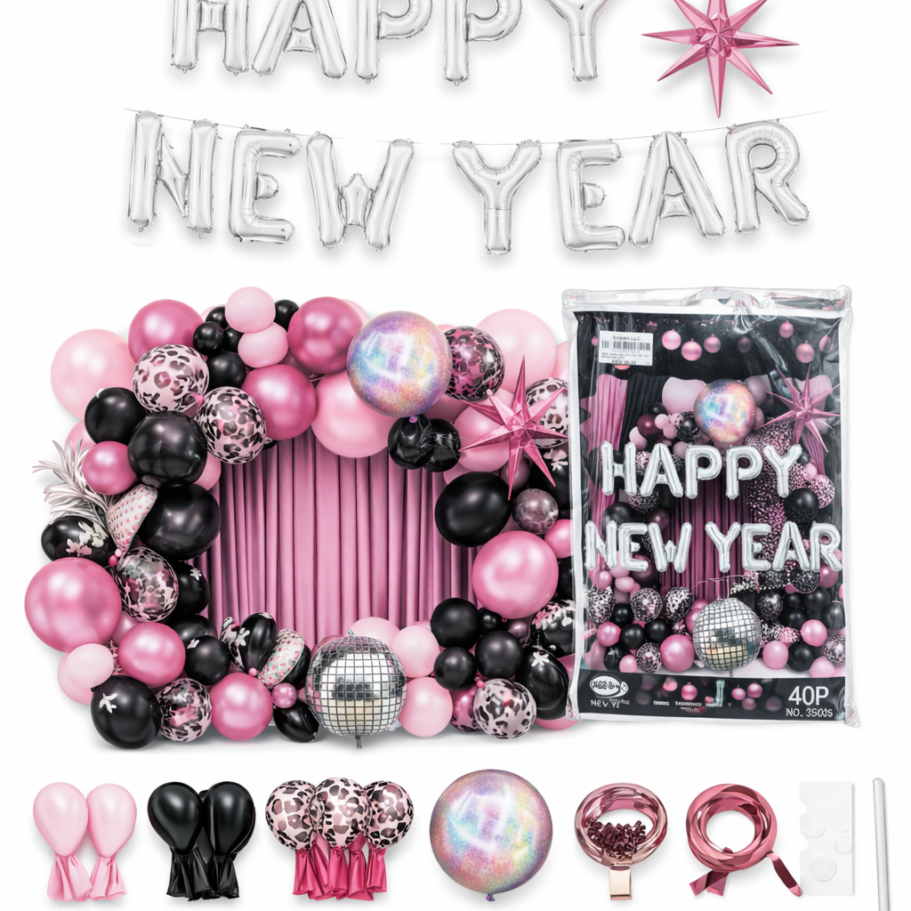 Happy New Year Balloon Decoration Kit Pink Black – 40 Pieces Party Set