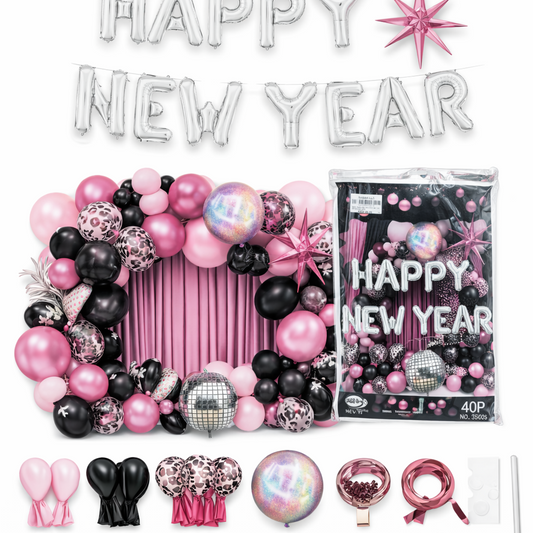 Happy New Year Balloon Decoration Kit Pink Black – 40 Pieces Party Set