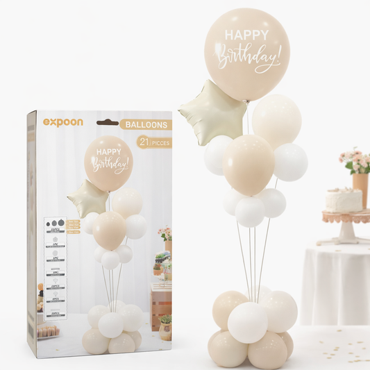 Happy Birthday Balloon Stand Decoration Set Beige White – 21 Pieces