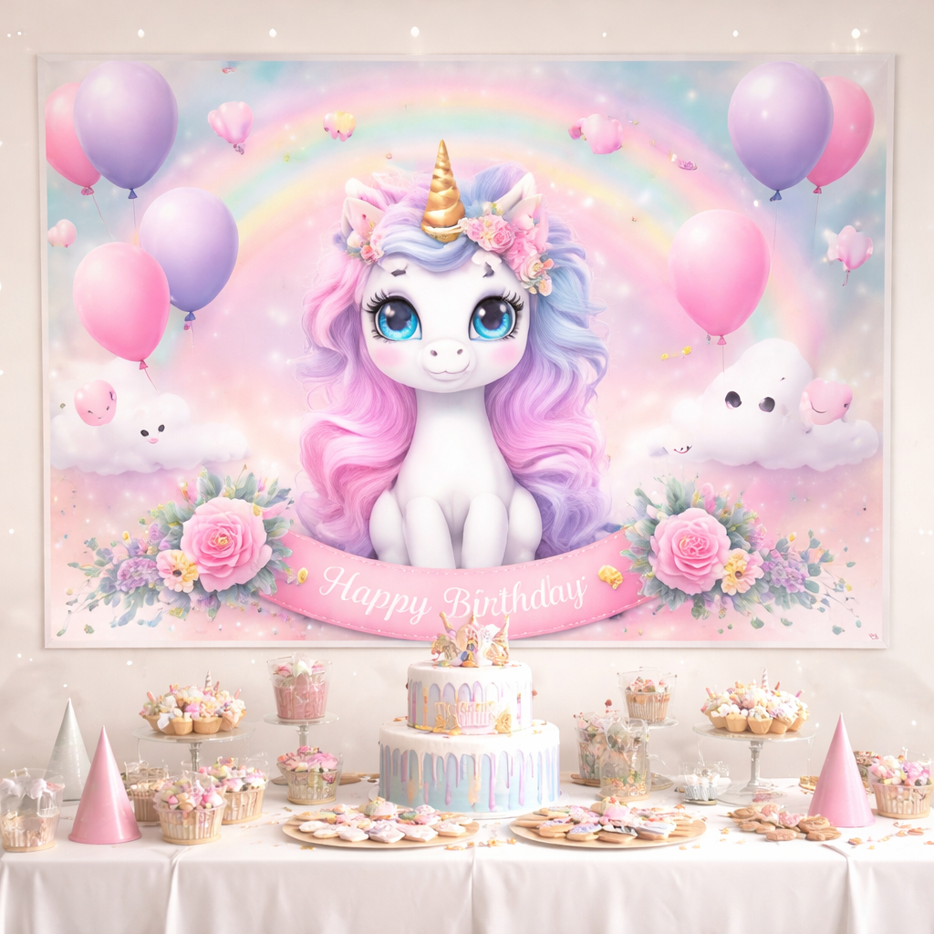 Unicorn Birthday Party Backdrop – Rainbow Unicorn Kids Decoration Banner