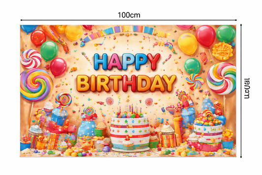 Happy Birthday Candy Theme Fabric Backdrop – Colorful Party Decoration