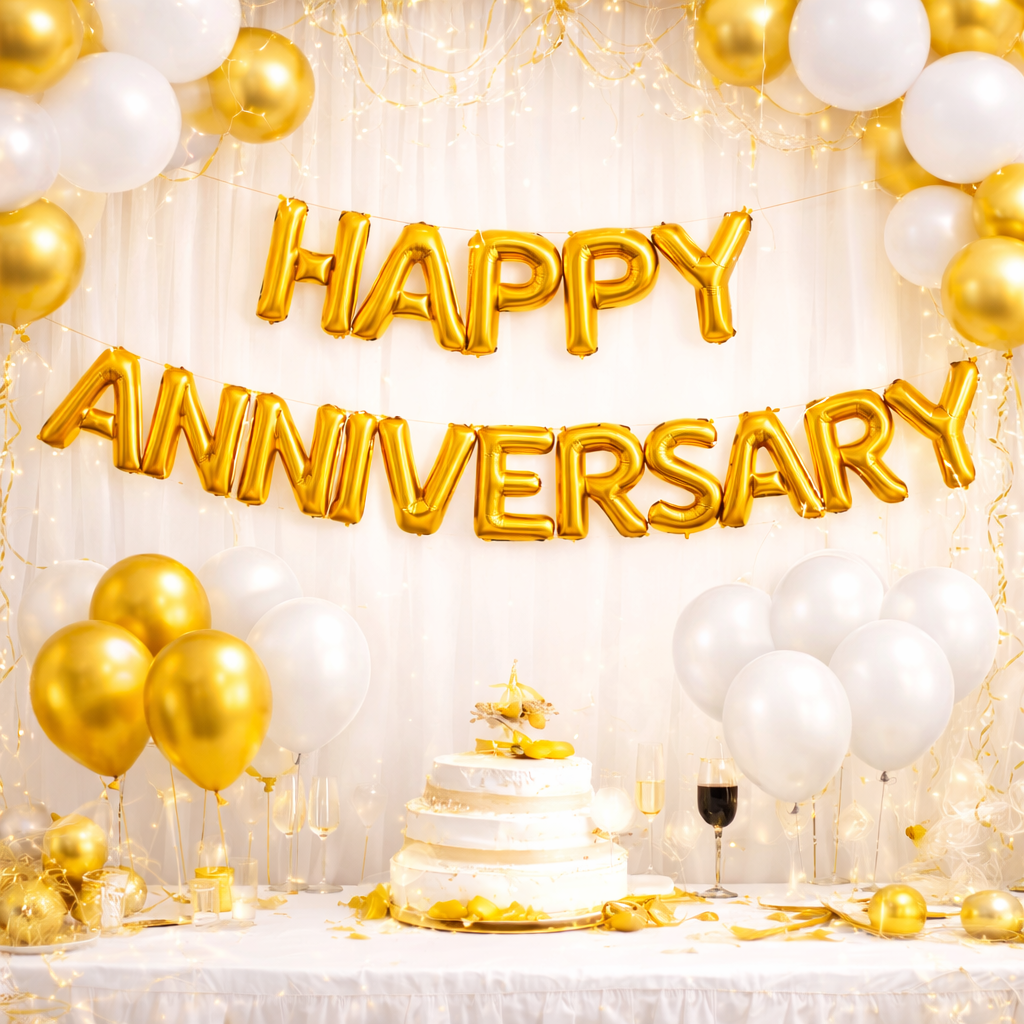 Happy Anniversary Balloon Decoration Kit – Gold & White